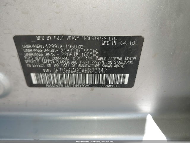 Продажа на аукционе авто 2010 Subaru Impreza 2.5i, vin: JF1GH6A60AH827342, номер лота: 44866192