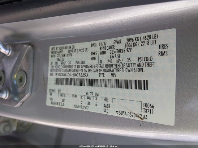 Продажа на аукционе авто 2017 Ford Escape Titanium, vin: 1FMCU0JD1HUC72253, номер лота: 44866200