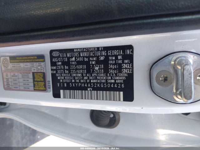 44866209 :رقم المزاد ، 5XYPH4A52KG504426 vin ، 2019 Kia Sorento 3.3l Ex مزاد بيع