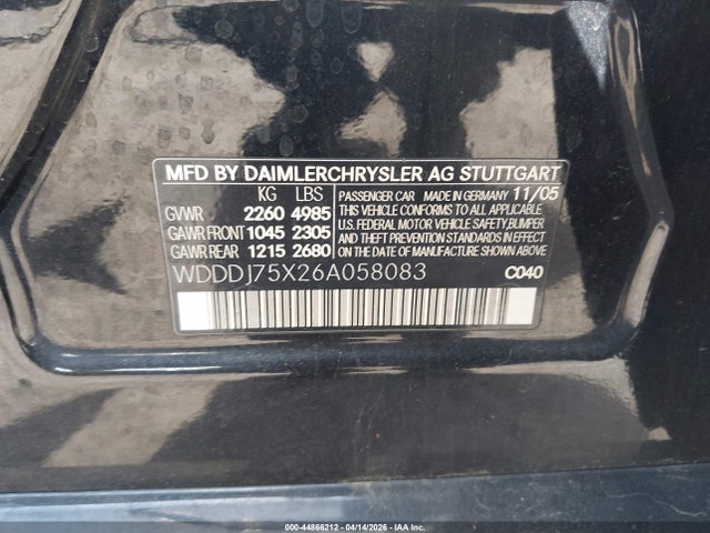 Aukcja sprzedaży 2006 Mercedes-benz Cls 500, vin: WDDDJ75X26A058083, numer aukcji: 44866212