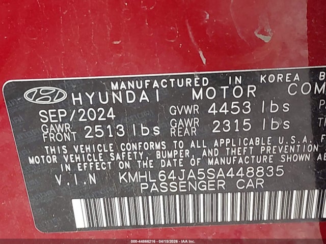 2025 Hyundai Sonata Sel მანქანა იყიდება აუქციონზე, vin: KMHL64JA5SA448835, აუქციონის ნომერი: 44866216