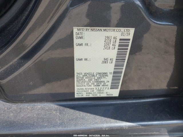 Продаж на аукціоні авто 2019 Nissan Altima 2.5 Sl, vin: 1N4BL4EVXKN312771, номер лоту: 44866244