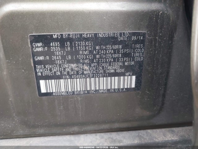 Aukcja sprzedaży 2015 Subaru Outback 2.5i Limited, vin: 4S4BSAJC3F3228711, numer aukcji: 44866246