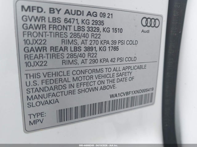 WA1CVBF1XND005419 Audi Q8 Prestige 55 Tfsi Quattro Tiptronic
