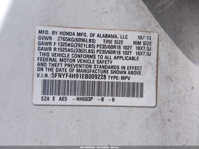 2014 Honda Pilot Touring მანქანა იყიდება აუქციონზე, vin: 5FNYF4H91EB009228, აუქციონის ნომერი: 44866269
