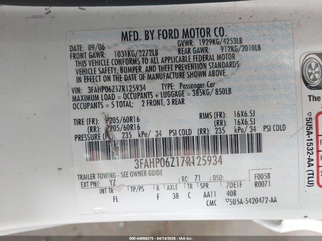 2007 FORD FUSION 3FAHP06Z17R125934 Photo 8