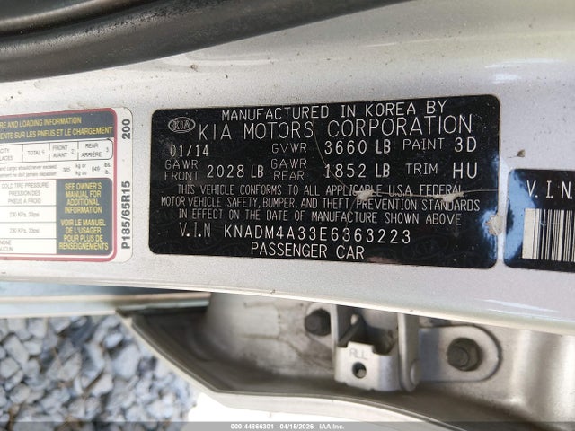 44866301 :رقم المزاد ، KNADM4A33E6363223 vin ، 2014 Kia Rio Lx مزاد بيع