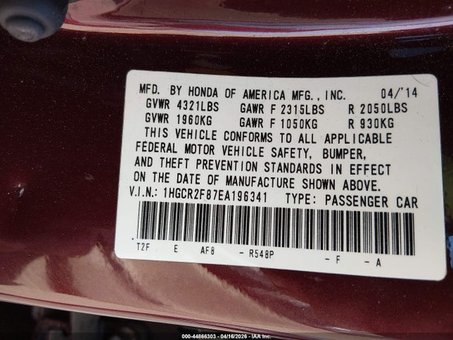 44866303 :رقم المزاد ، 1HGCR2F87EA196341 vin ، 2014 Honda Accord Ex-l مزاد بيع