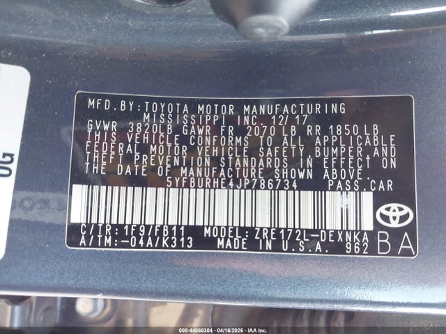 Продаж на аукціоні авто 2018 Toyota Corolla Le, vin: 5YFBURHE4JP786734, номер лоту: 44866304