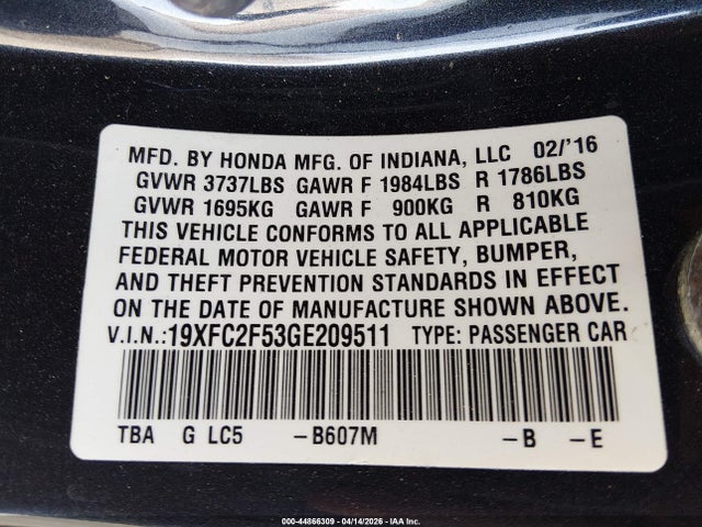 Honda Civic Lx 2016 19XFC2F53GE209511 Image 9