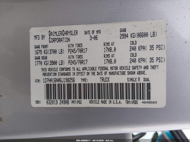 44866317 :رقم المزاد ، 1D7HA16N06J198256 vin ، 2006 Dodge Ram 1500 Slt مزاد بيع