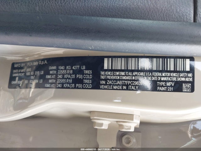 Aukcja sprzedaży 2015 Jeep Renegade Latitude, vin: ZACCJABT7FPC29639, numer aukcji: 44866318