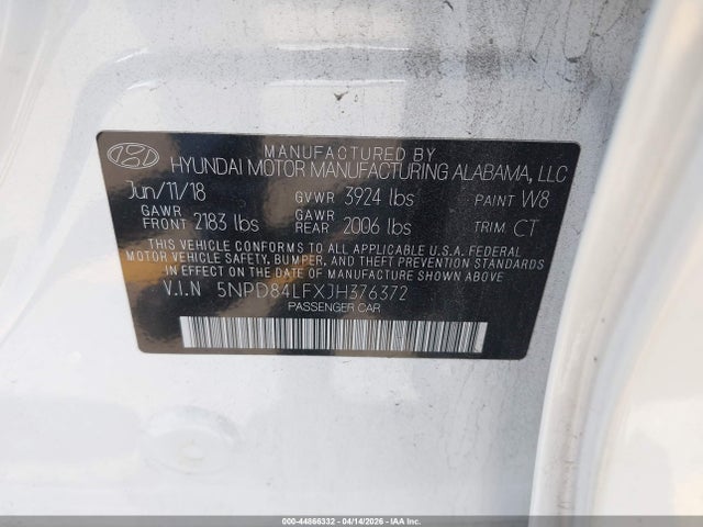 5NPD84LFXJH376372 Hyundai ELANTRA SEL