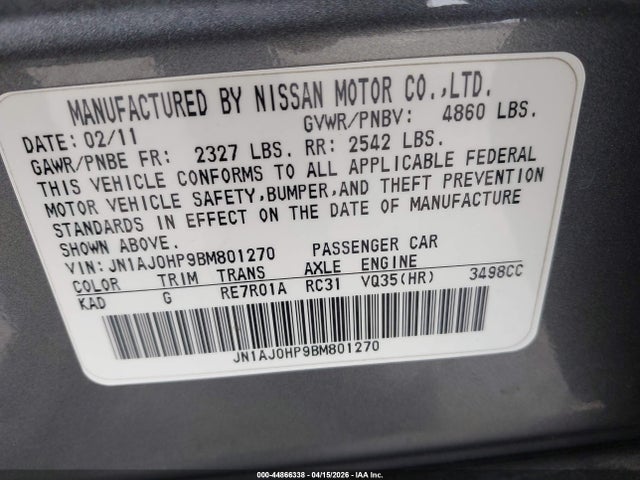 44866338 :رقم المزاد ، JN1AJ0HP9BM801270 vin ، 2011 Infiniti Ex35 مزاد بيع