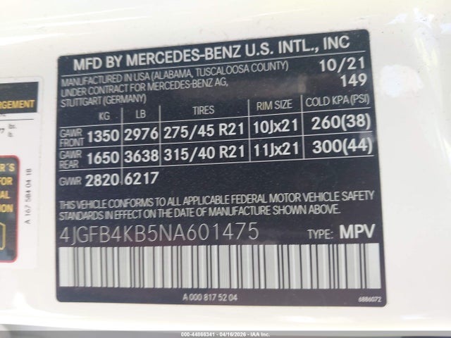 Aukcja sprzedaży 2022 Mercedes-benz Gle 350 4matic, vin: 4JGFB4KB5NA601475, numer aukcji: 44866341