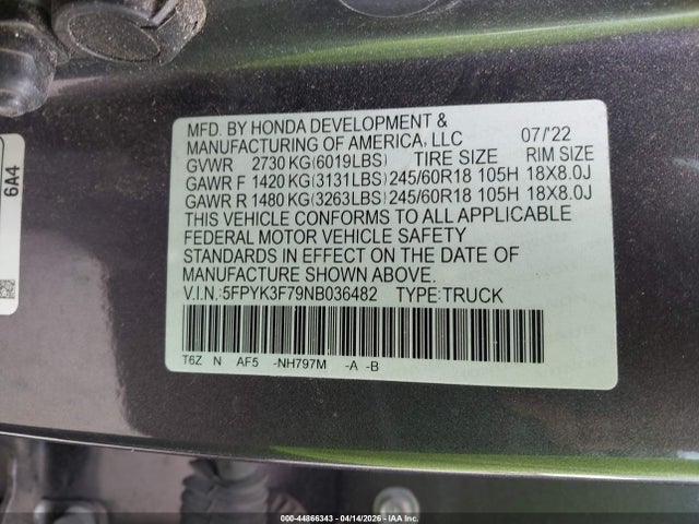 2022 Honda Ridgeline Rtl-e მანქანა იყიდება აუქციონზე, vin: 5FPYK3F79NB036482, აუქციონის ნომერი: 44866343