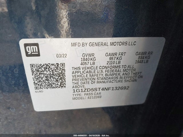 44866351 :رقم المزاد ، 1G1ZD5ST4NF132692 vin ، 2022 Chevrolet Malibu Fwd Lt مزاد بيع