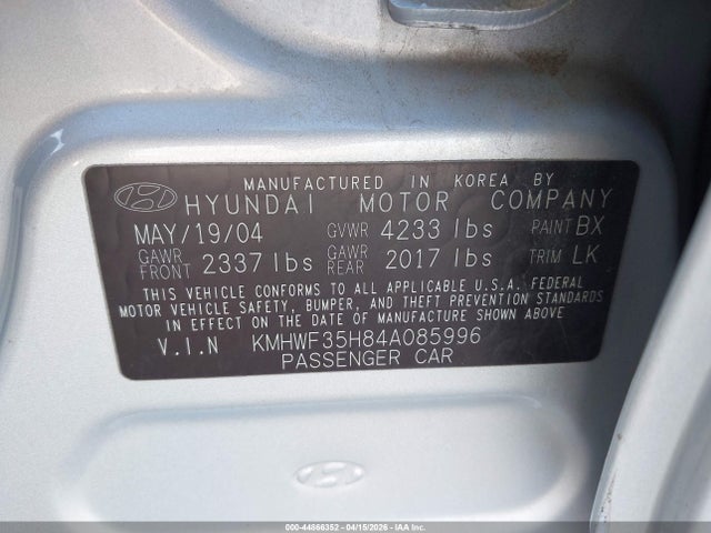 Aukcja sprzedaży 2004 Hyundai Sonata Gls/lx, vin: KMHWF35H84A085996, numer aukcji: 44866352