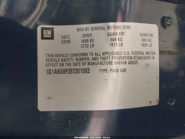 Продажа на аукционе авто 2008 Chevrolet Cobalt Ls, vin: 1G1AK58F287261582, номер лота: 44866356