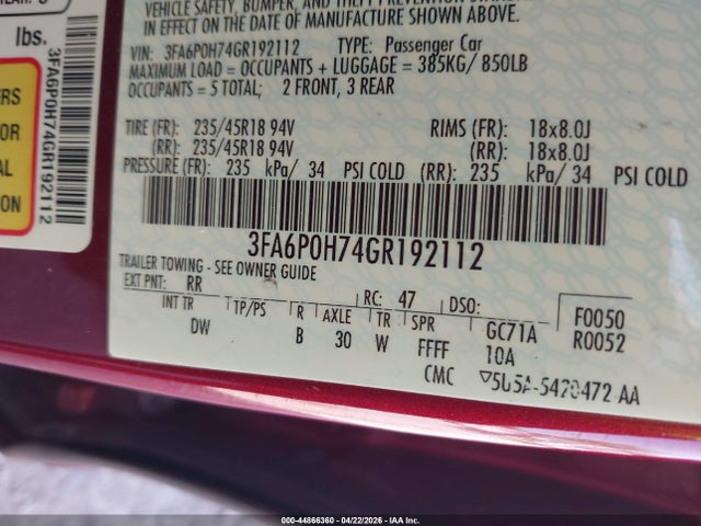 Продажа на аукционе авто 2016 Ford Fusion Se, vin: 3FA6P0H74GR192112, номер лота: 44866360