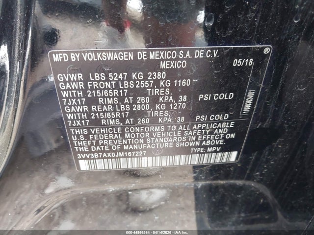44866364 :رقم المزاد ، 3VV3B7AX0JM167227 vin ، 2018 Volkswagen Tiguan 2.0t Se/2.0t Sel مزاد بيع