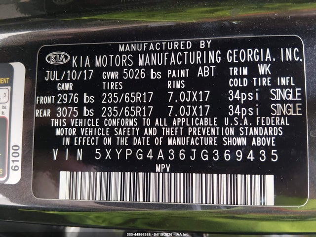 Aukcja sprzedaży 2018 Kia Sorento 2.4l Lx, vin: 5XYPG4A36JG369435, numer aukcji: 44866368