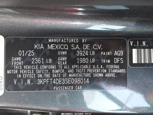 44866371 :رقم المزاد ، 3KPFT4DE3SE098014 vin ، 2025 Kia K4 Lxs مزاد بيع