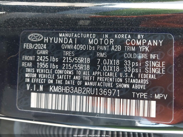 Продаж на аукціоні авто 2024 Hyundai Kona Sel, vin: KM8HB3AB2RU136971, номер лоту: 44866377