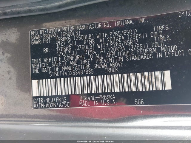 Aukcja sprzedaży 2005 Toyota Tundra Sr5 V8, vin: 5TBDT44125S481885, numer aukcji: 44866389
