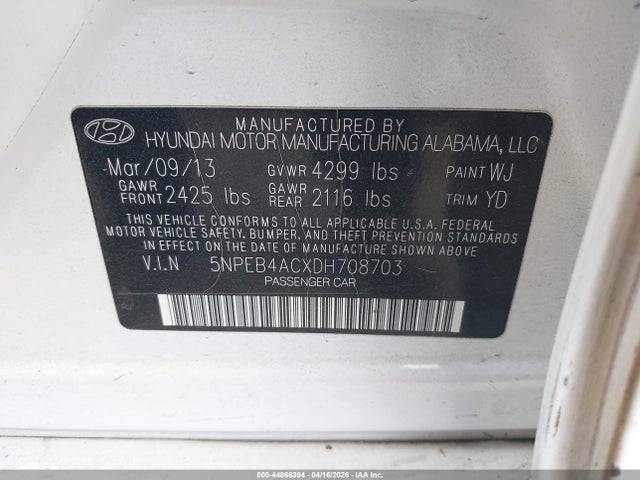 Aukcja sprzedaży 2013 Hyundai Sonata Gls, vin: 5NPEB4ACXDH708703, numer aukcji: 44866394