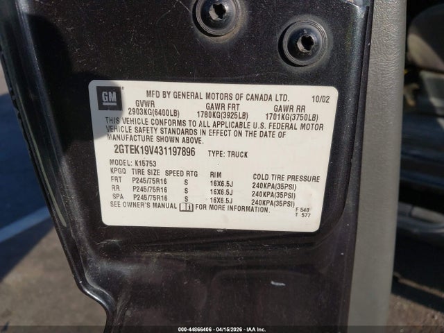 Aukcja sprzedaży 2003 Gmc Sierra 1500, vin: 2GTEK19V431197896, numer aukcji: 44866406