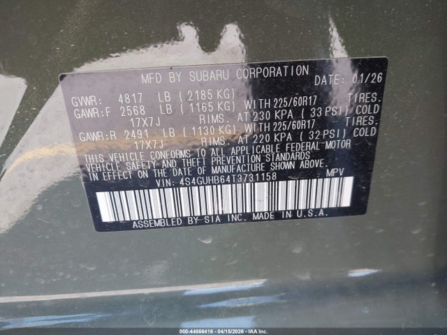 Продажа на аукционе авто 2026 Subaru Crosstrek, vin: 4S4GUHB64T3731158, номер лота: 44866416