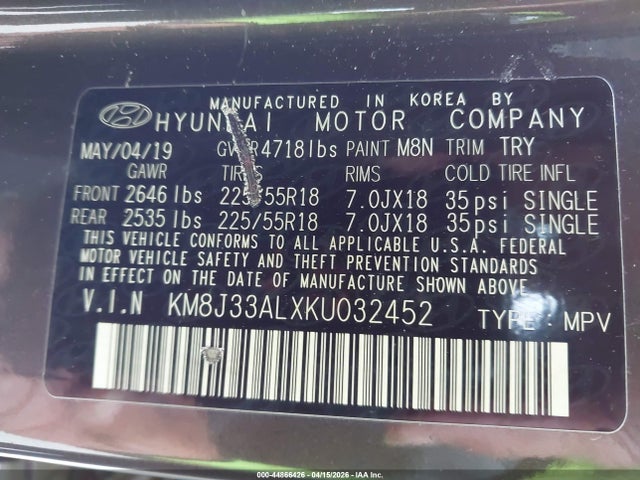 Aukcja sprzedaży 2019 Hyundai Tucson Ultimate, vin: KM8J33ALXKU032452, numer aukcji: 44866426