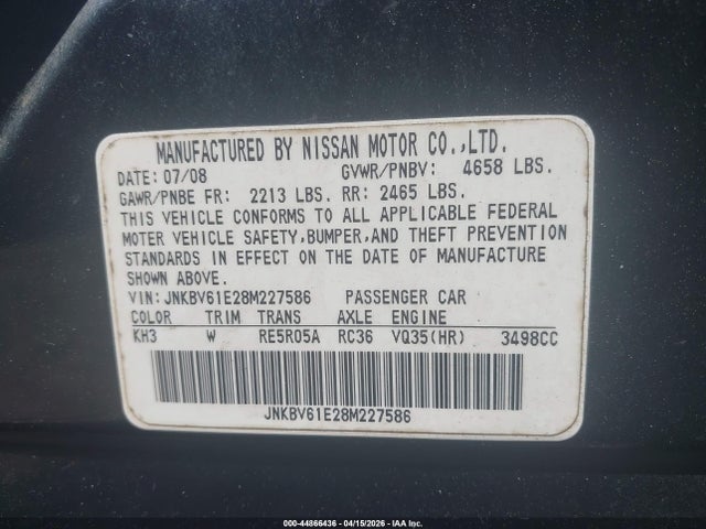 Aukcja sprzedaży 2008 Infiniti G35 Journey, vin: JNKBV61E28M227586, numer aukcji: 44866436