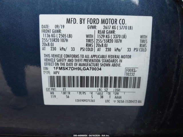 Продаж на аукціоні авто 2020 Ford Explorer Xlt, vin: 1FMSK7DH9LGA70034, номер лоту: 44866454