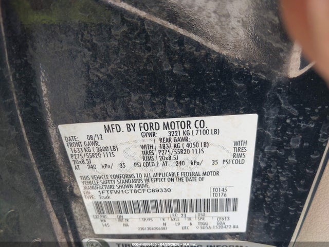 Продажа на аукционе авто 2012 Ford F-150 Lariat, vin: 1FTFW1CT8CFC89330, номер лота: 44866465