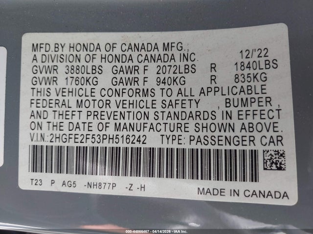 Продаж на аукціоні авто 2023 Honda Civic Sport, vin: 2HGFE2F53PH516242, номер лоту: 44866467