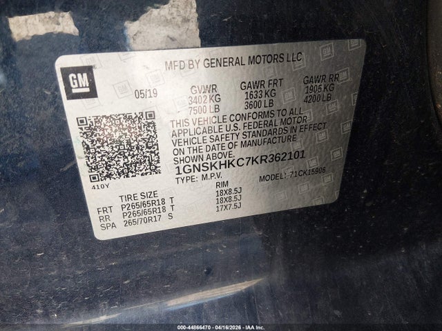 Продажа на аукционе авто 2019 Chevrolet Suburban Lt, vin: 1GNSKHKC7KR362101, номер лота: 44866470