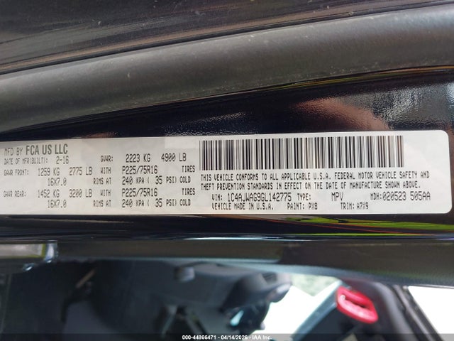 44866471 :رقم المزاد ، 1C4AJWAG9GL142775 vin ، 2016 Jeep Wrangler Sport مزاد بيع