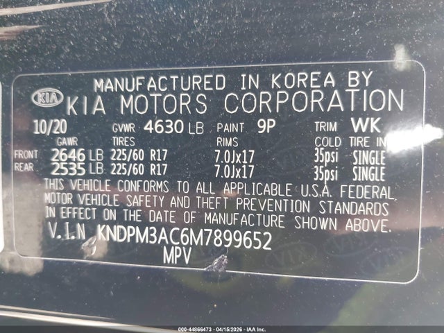 44866473 :رقم المزاد ، KNDPM3AC6M7899652 vin ، 2021 Kia Sportage Lx مزاد بيع