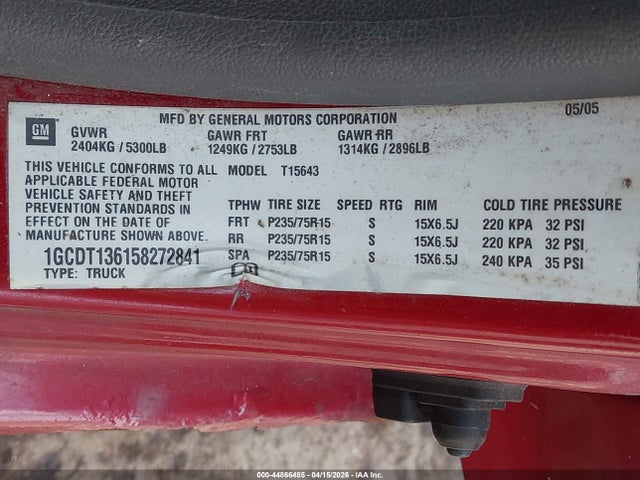 44866485 :رقم المزاد ، 1GCDT136158272841 vin ، 2005 Chevrolet Colorado Ls مزاد بيع