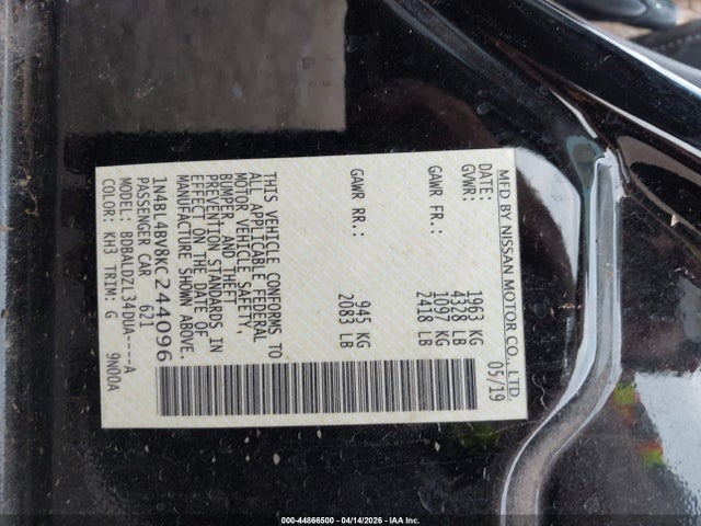 Aukcja sprzedaży 2019 Nissan Altima 2.5 S, vin: 1N4BL4BV8KC244096, numer aukcji: 44866500