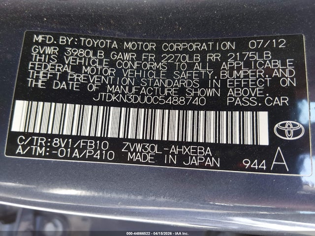 Aukcja sprzedaży 2012 Toyota Prius Two, vin: JTDKN3DU0C5488740, numer aukcji: 44866522