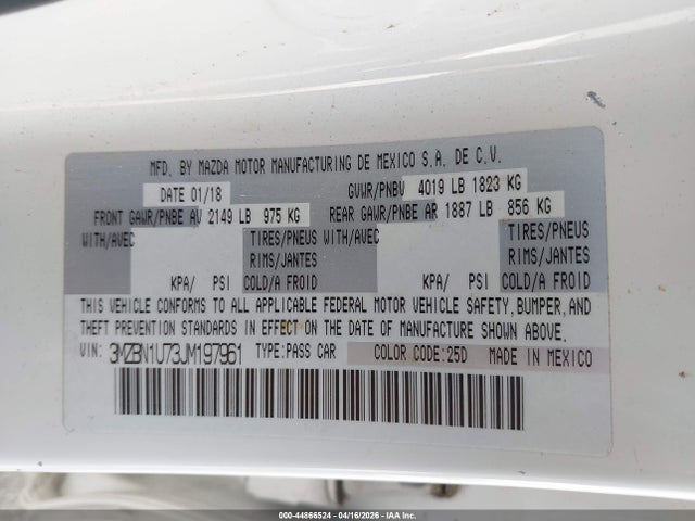 Aukcja sprzedaży 2018 Mazda Mazda3 Sport, vin: 3MZBN1U73JM197961, numer aukcji: 44866524