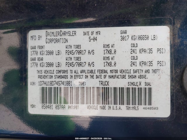 Продажа на аукционе авто 2004 Dodge Ram 1500 Slt/laramie, vin: 1D7HU18D74S741881, номер лота: 44866527