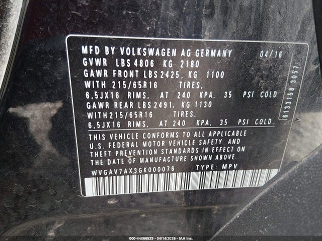 2016 Volkswagen Tiguan S მანქანა იყიდება აუქციონზე, vin: WVGAV7AX3GK000076, აუქციონის ნომერი: 44866529