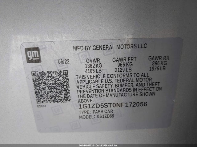 1G1ZD5ST0NF172056 Chevrolet Malibu Fwd Lt