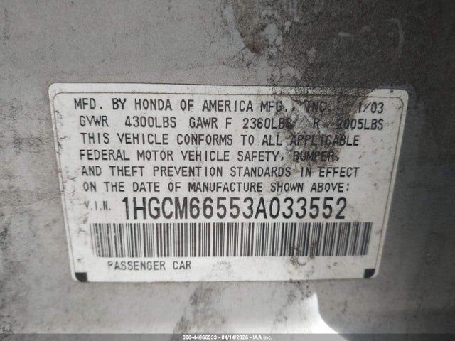 44866533 :رقم المزاد ، 1HGCM66553A033552 vin ، 2003 Honda Accord 3.0 Ex مزاد بيع
