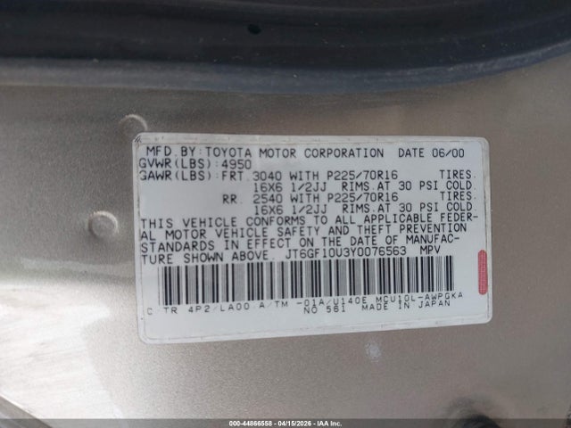 Aukcja sprzedaży 2000 Lexus Rx 300, vin: JT6GF10U3Y0076563, numer aukcji: 44866558