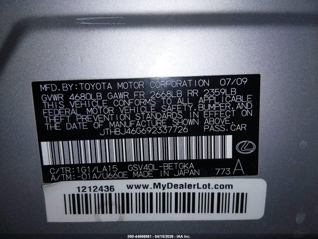 Aukcja sprzedaży 2009 Lexus Es 350, vin: JTHBJ46G692337726, numer aukcji: 44866561